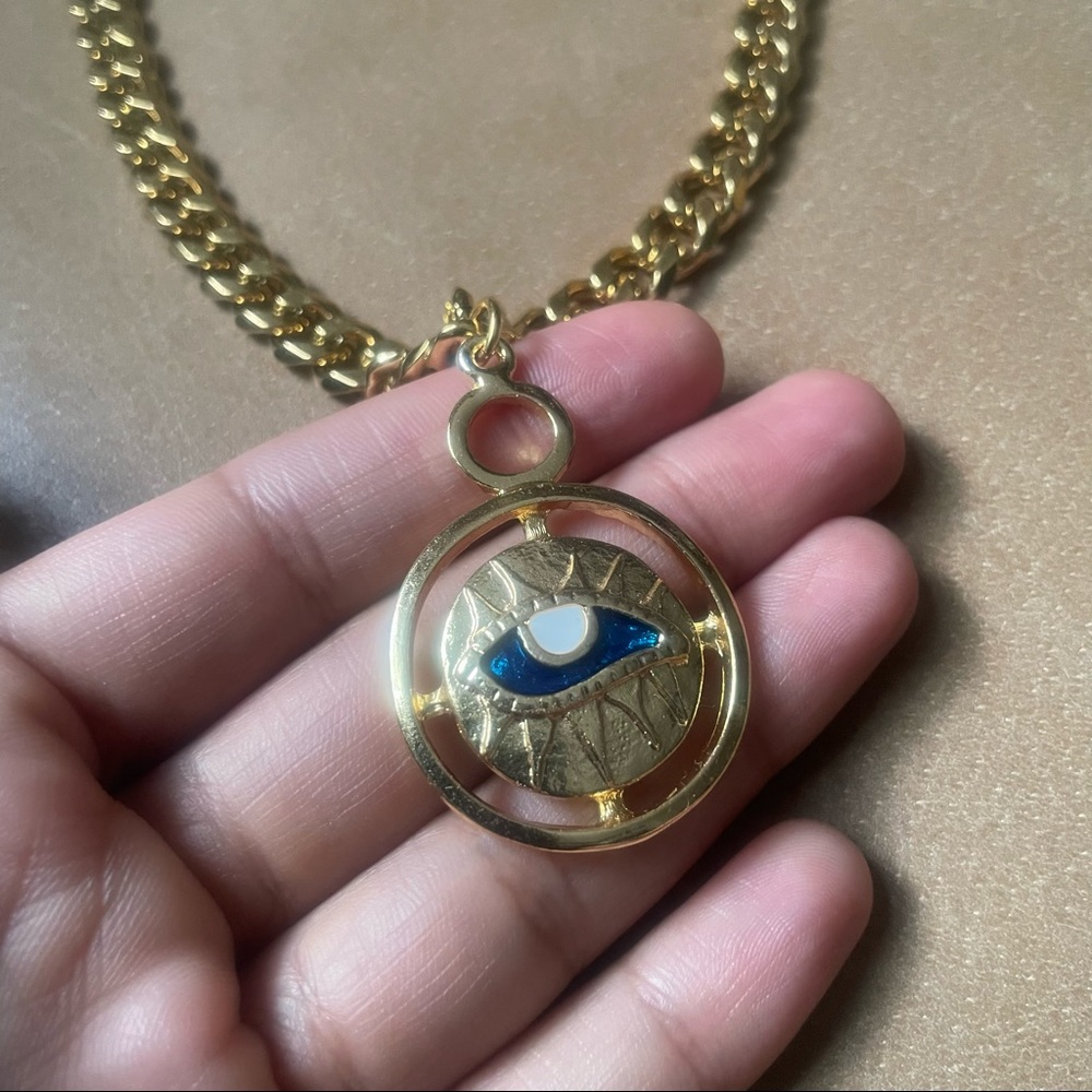 Evil eye 🧿 curb chain choker necklace adjustable gold blue pendant charm - Picture 6 of 10